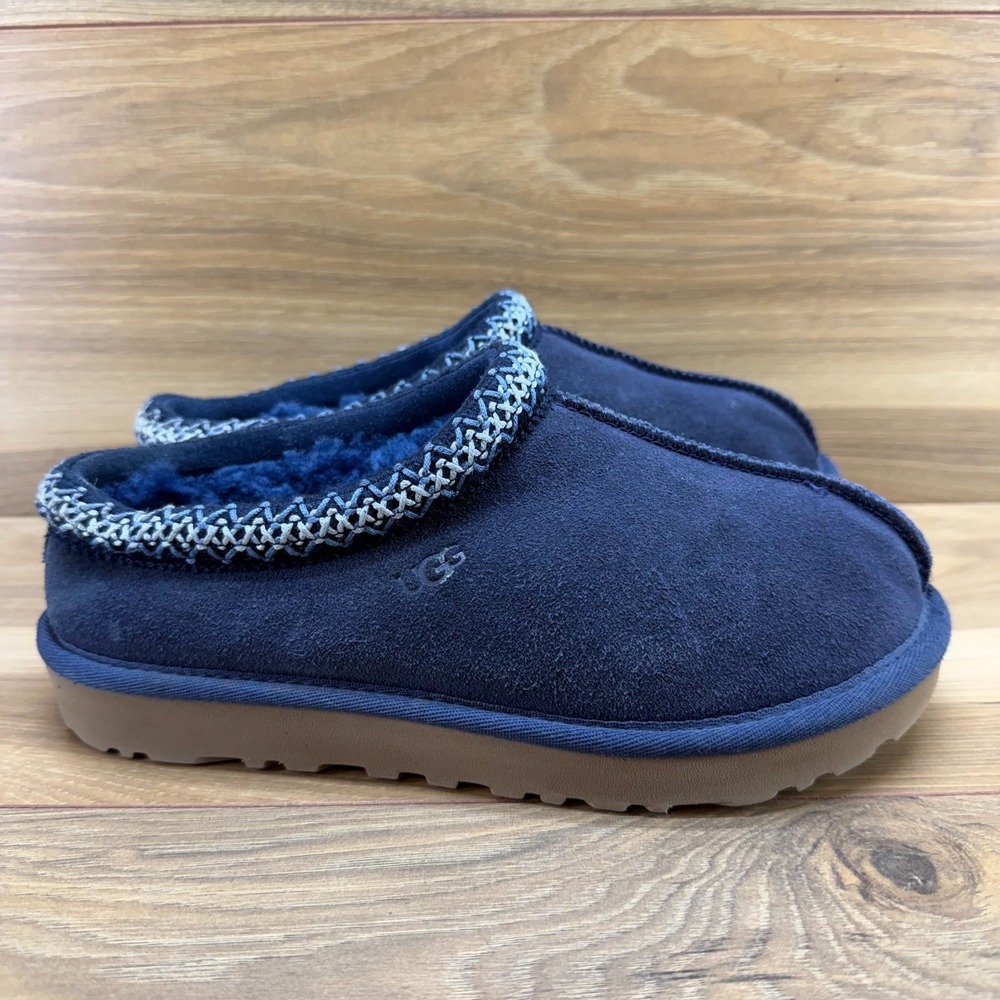 UGG Tasman Slippers Womens 7 Navy Blue Suede Sherpa Shearling Cozy Cottagecore